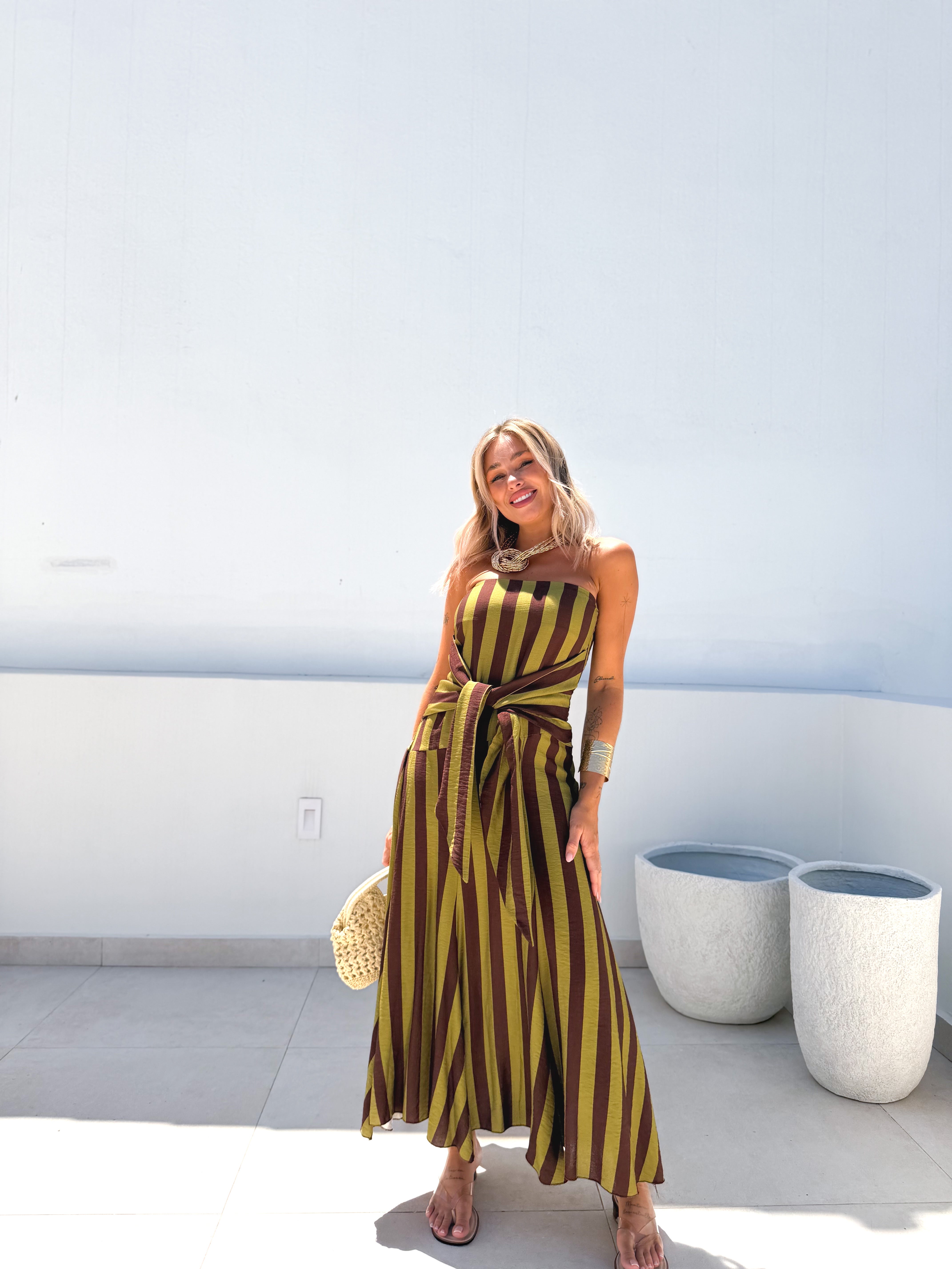 Vestido Nudo rayas Lima/Marrón