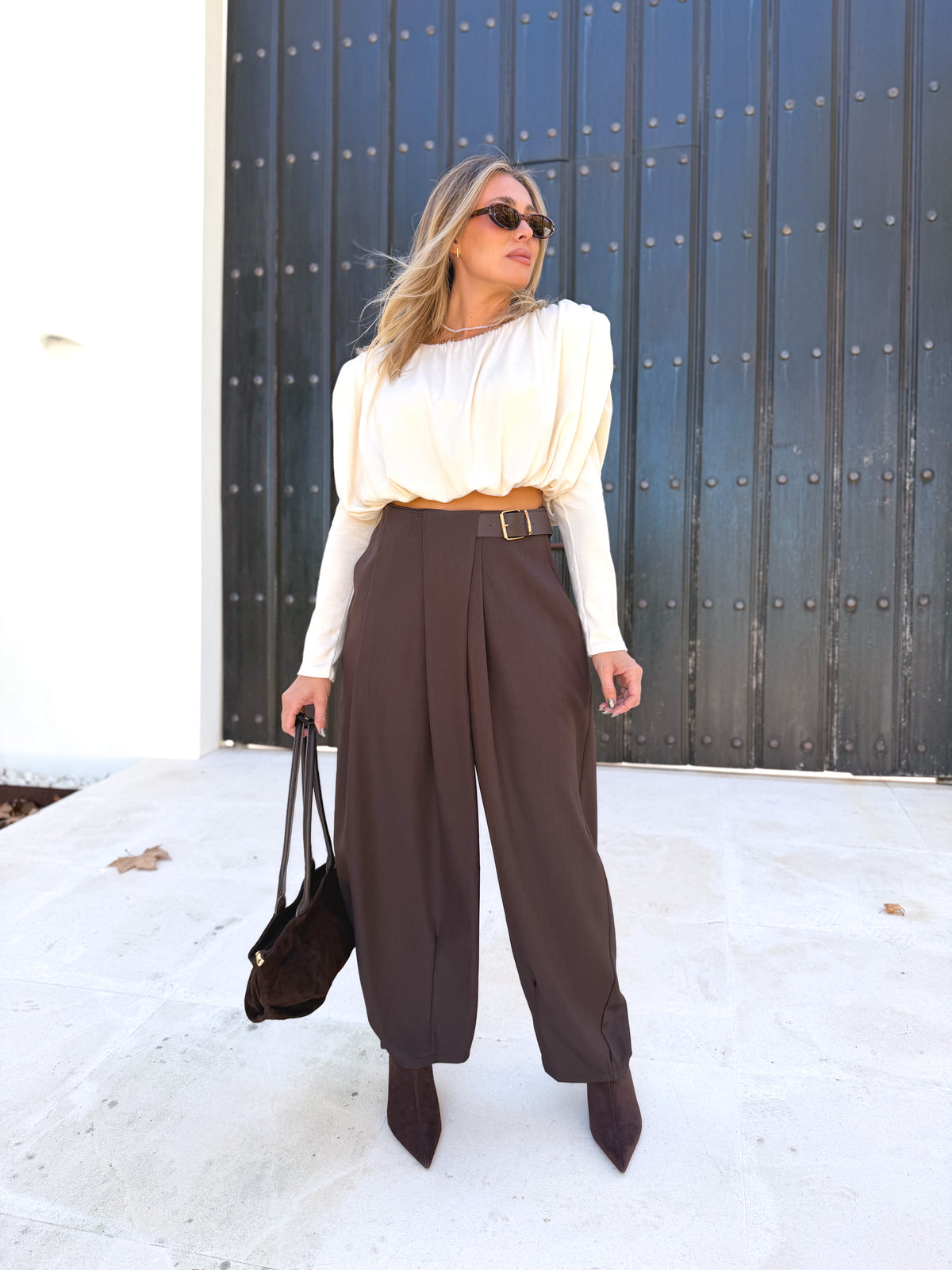 Pantalón pinza combinado Marrón
