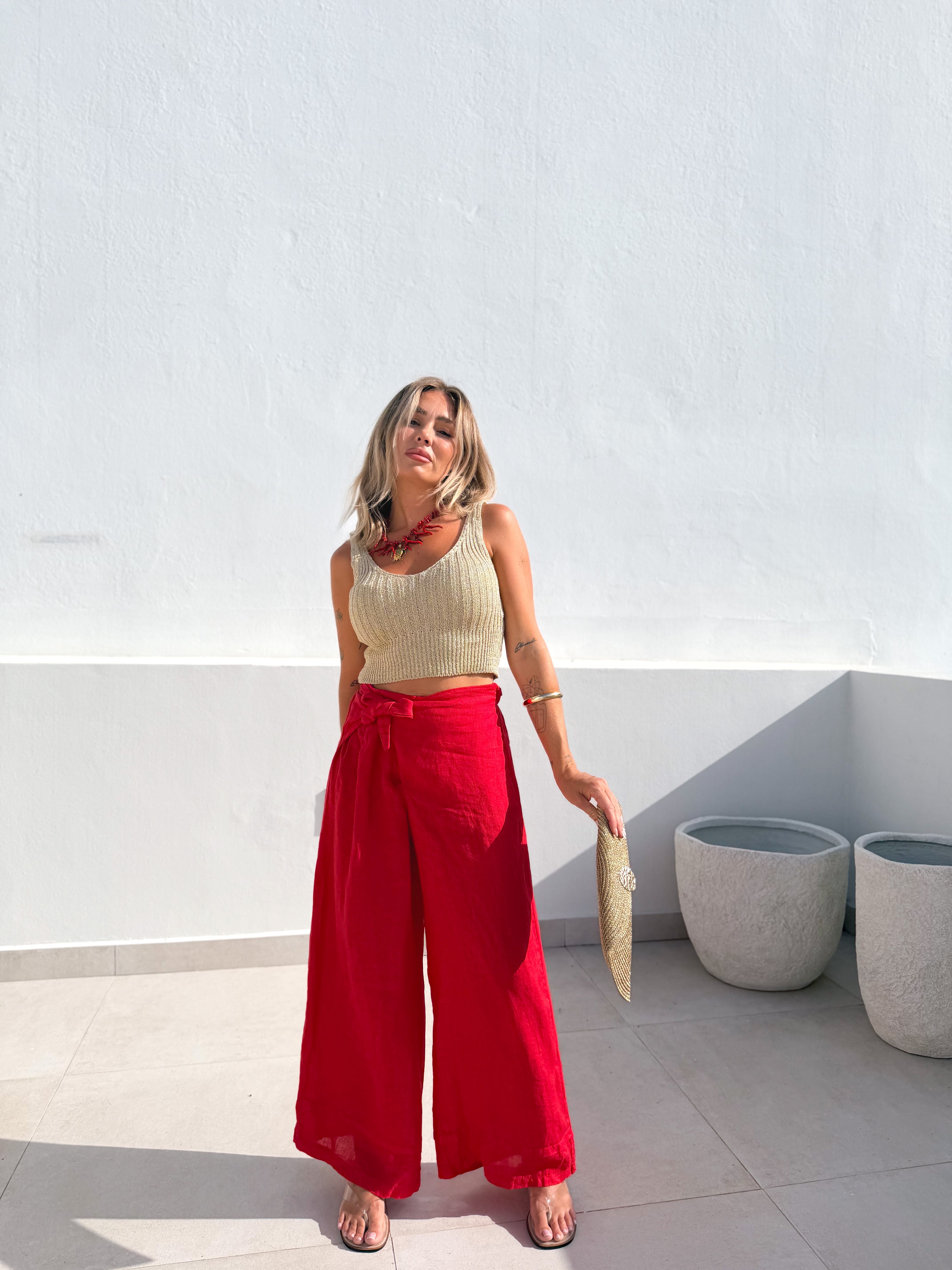 Pantalón lino anudado Rojo