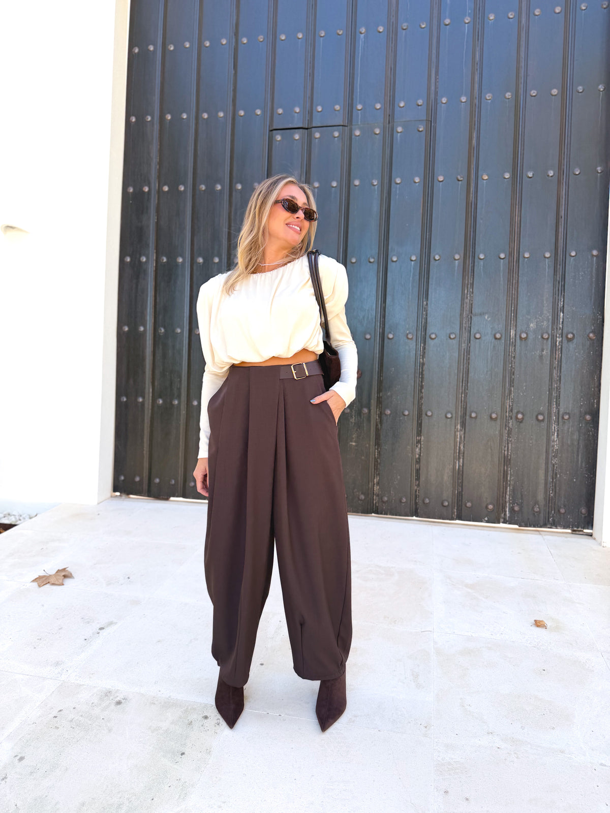 Pantalón pinza combinado Marrón