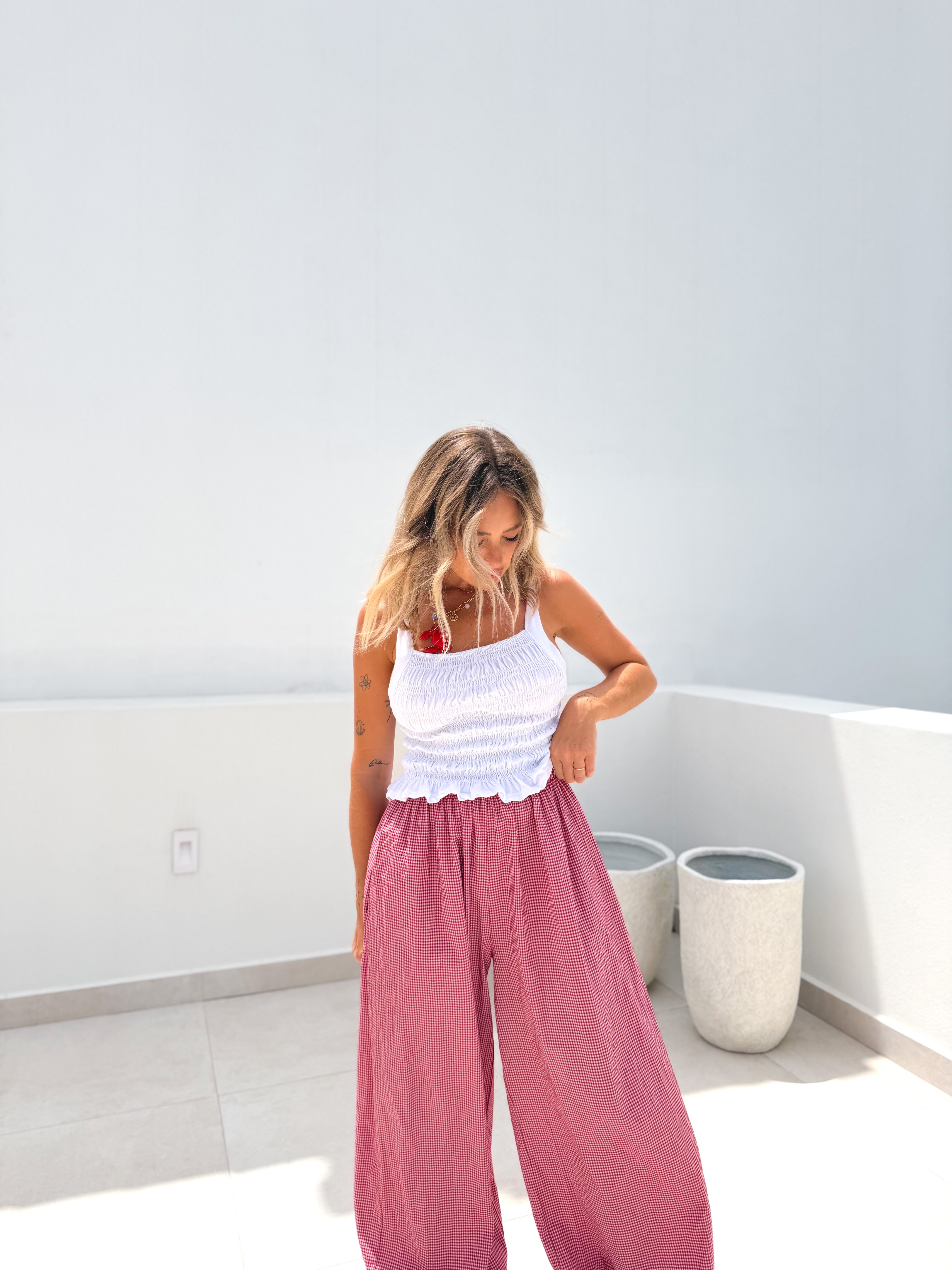 Pantalón bombacho vichy rojo