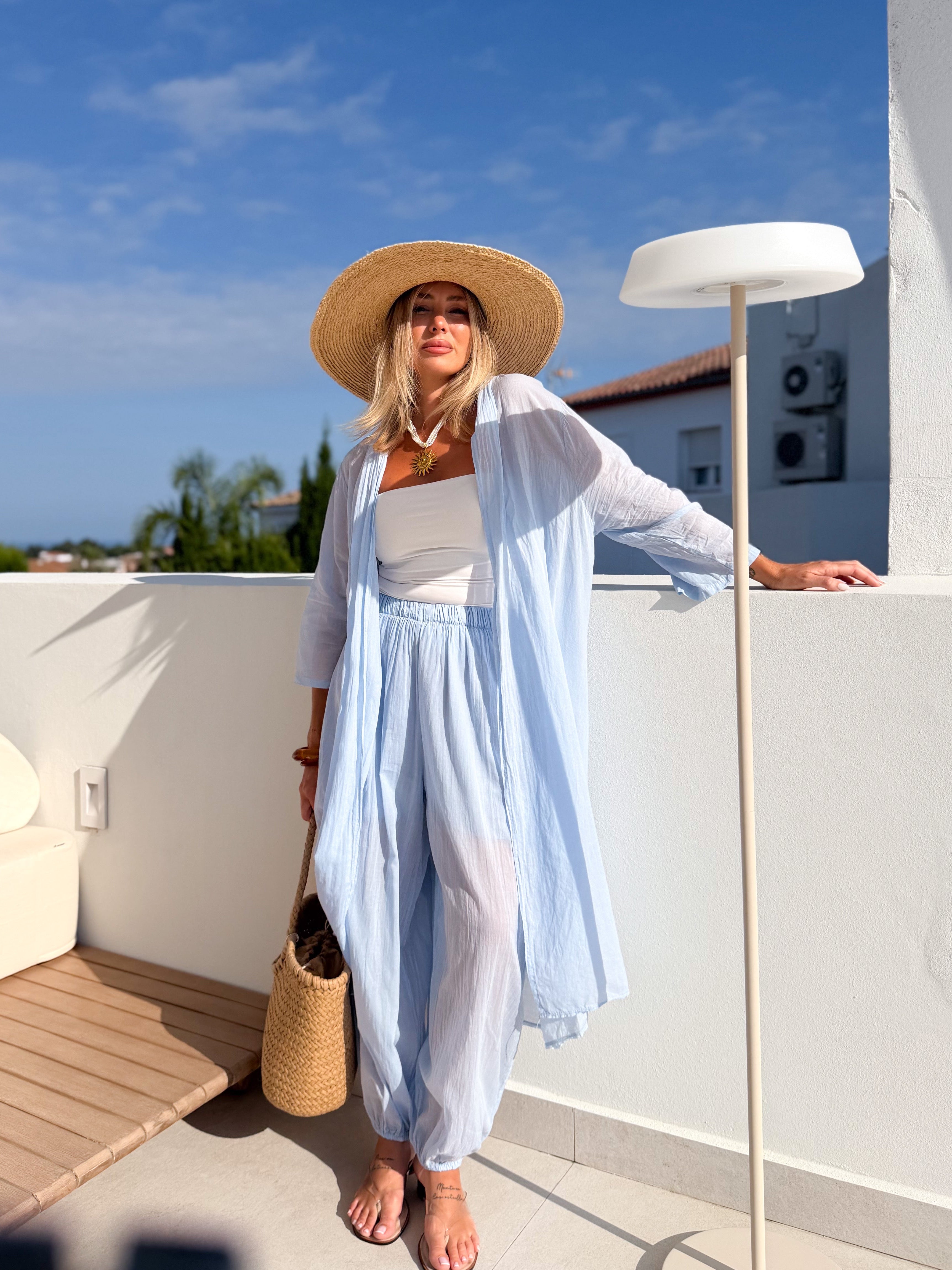 Kimono largo lino celeste
