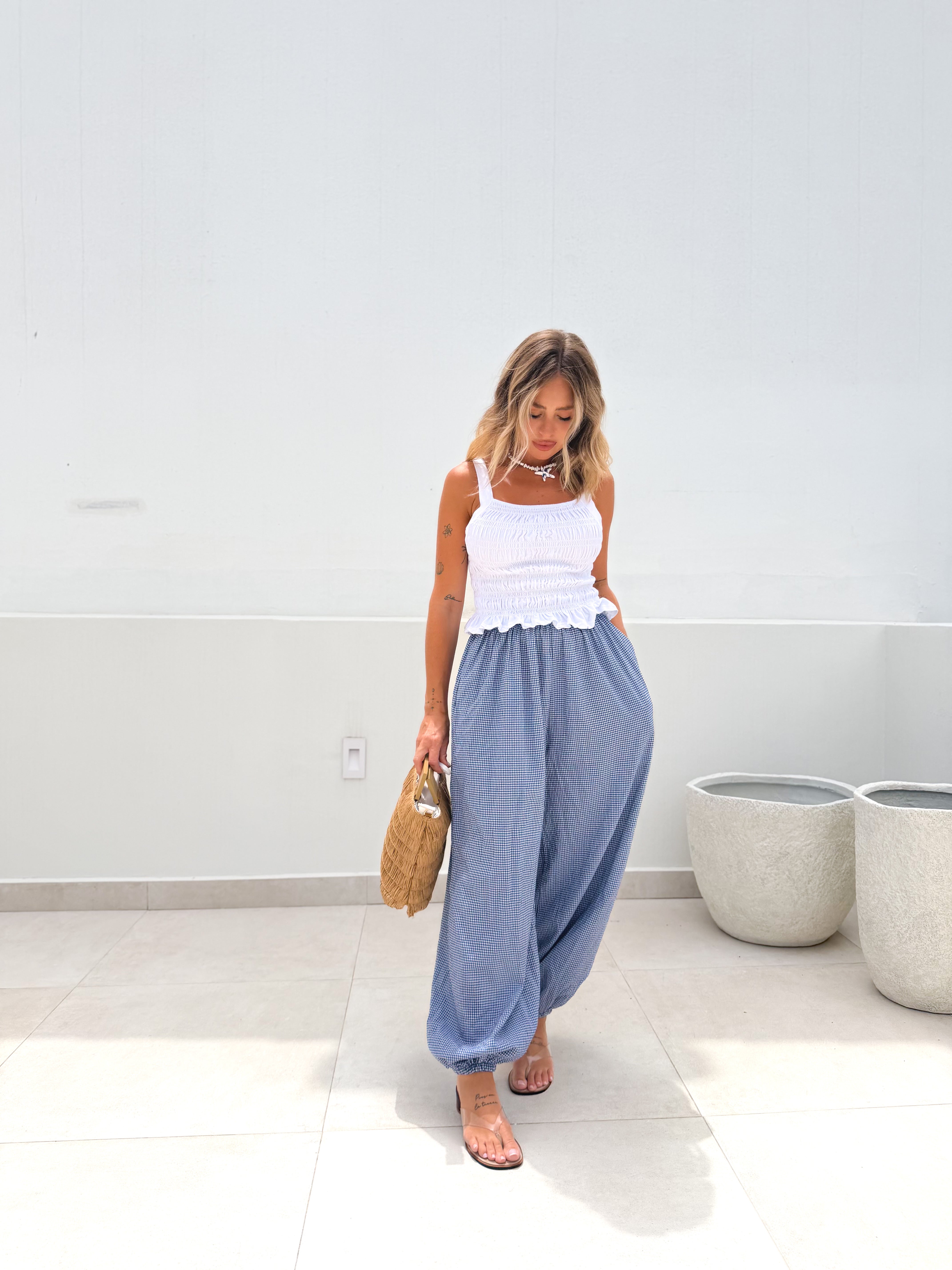 Pantalón bombacho vichy azul