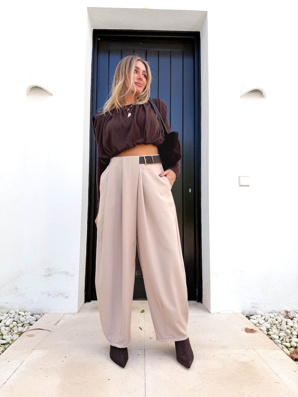 Pantalón pinza combinado beige