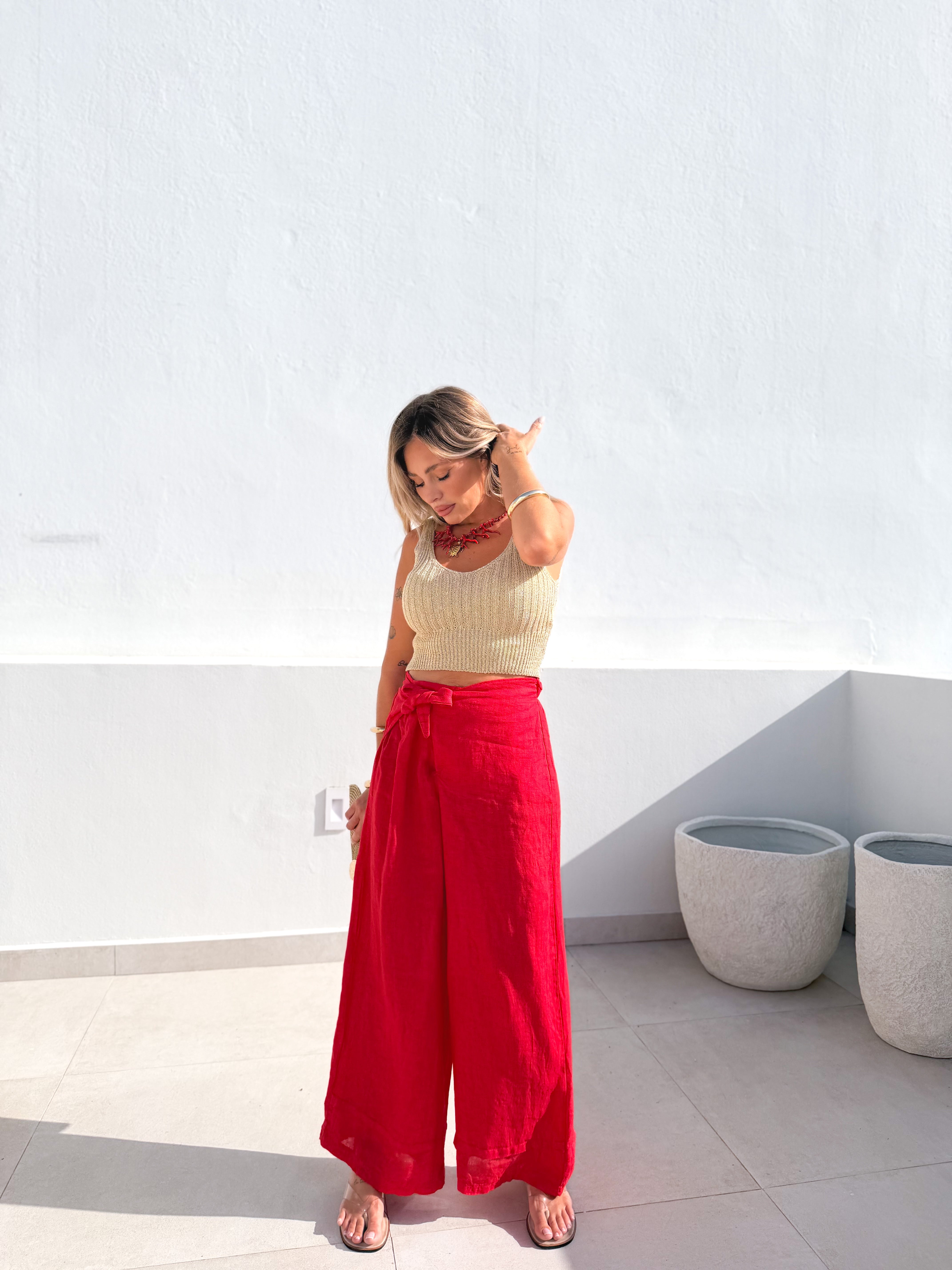 Pantalón lino anudado Rojo