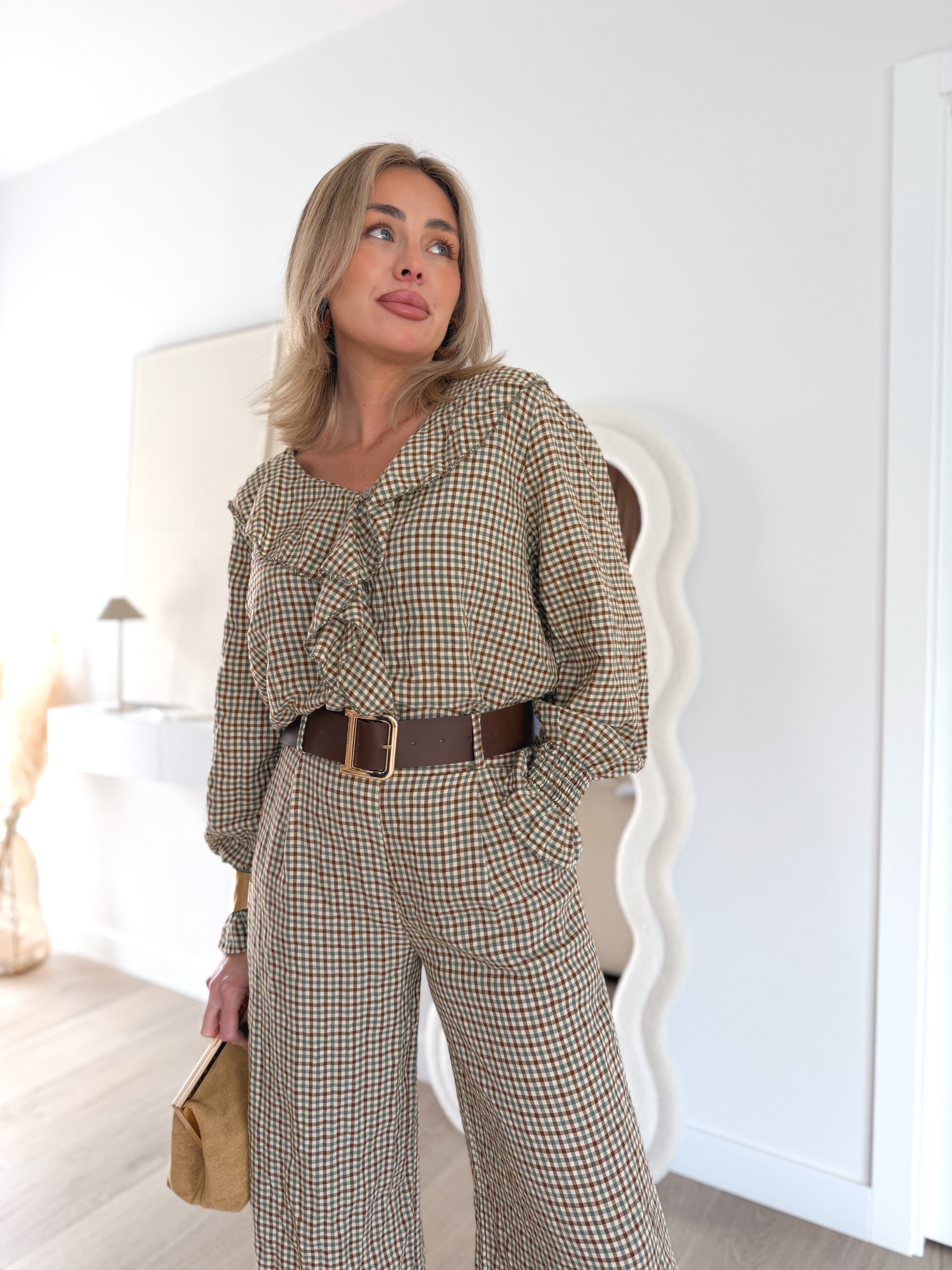 Blusa combinada cuadros verde