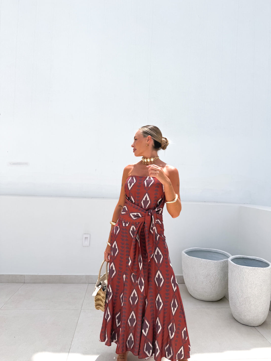 Vestido nudo étnico coral