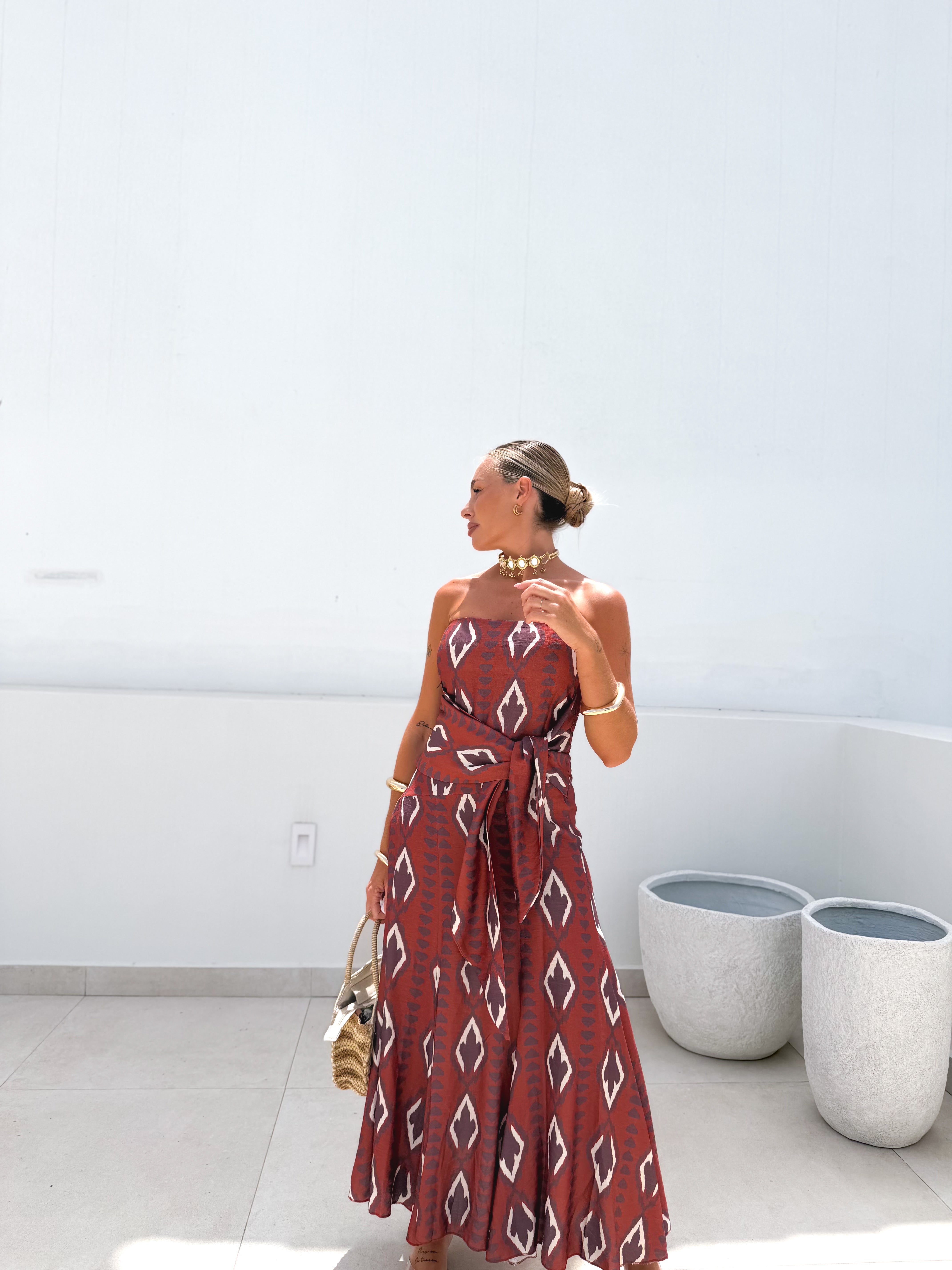 Vestido nudo étnico coral