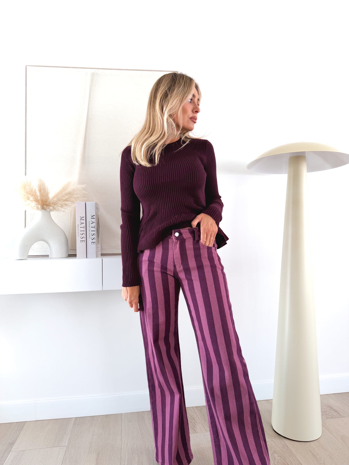 Pantalón rayas malva/ rosa