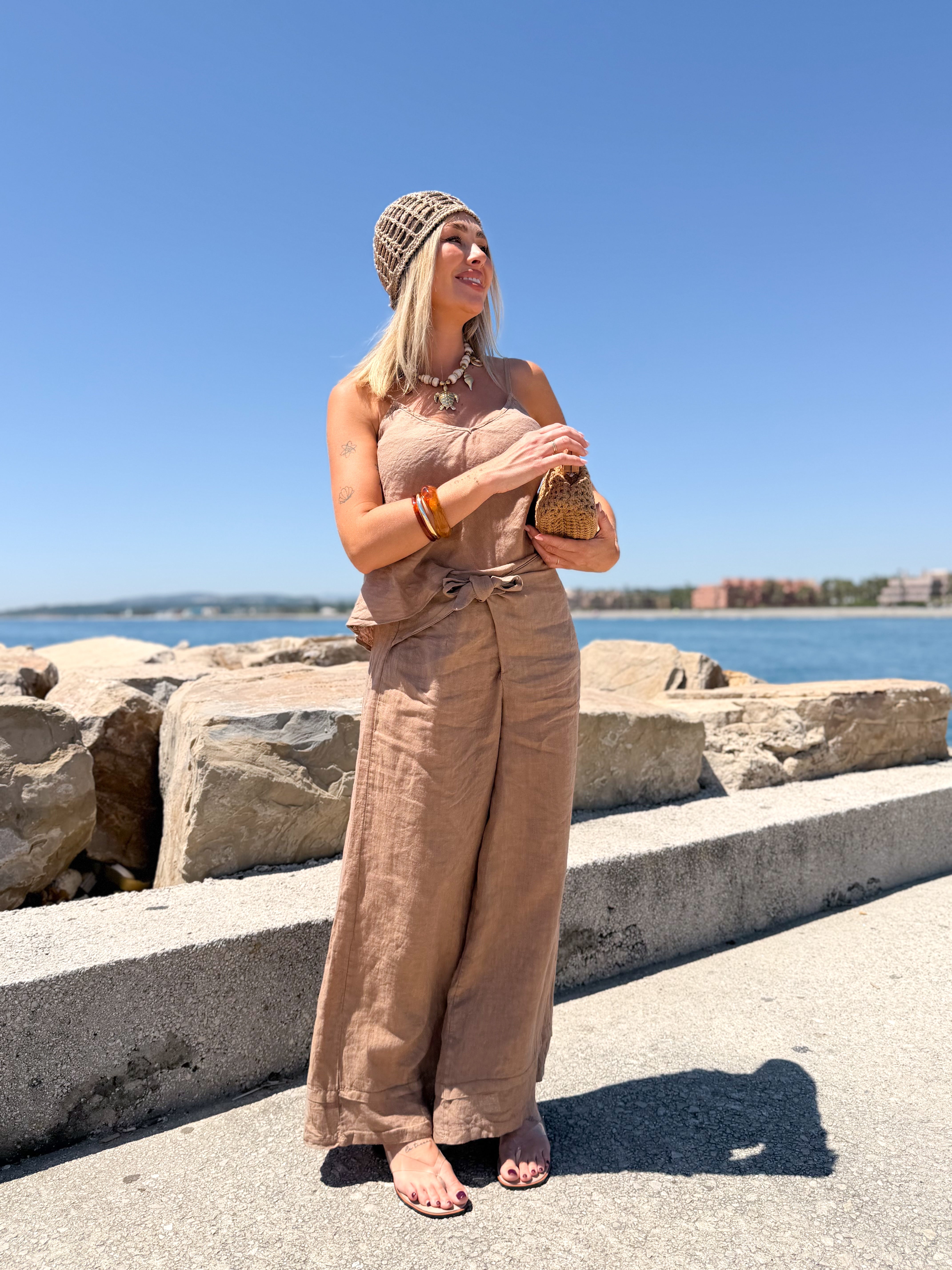 Pantalón lino anudado Camel