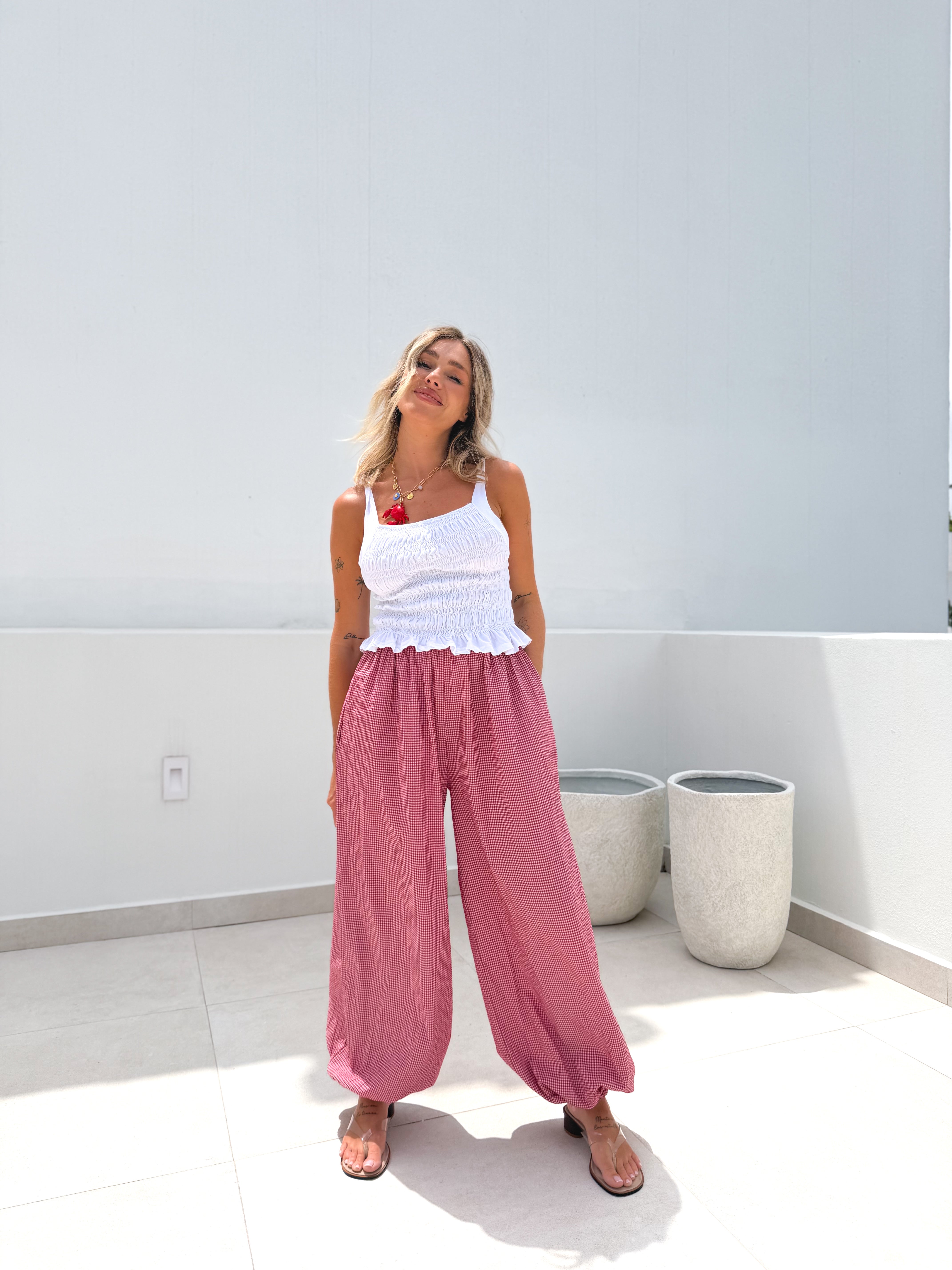 Pantalón bombacho vichy rojo