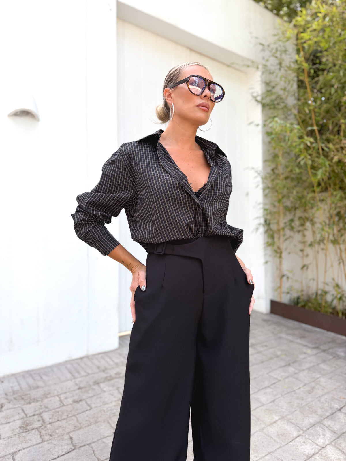 Pantalón pinzas jaspeado negro