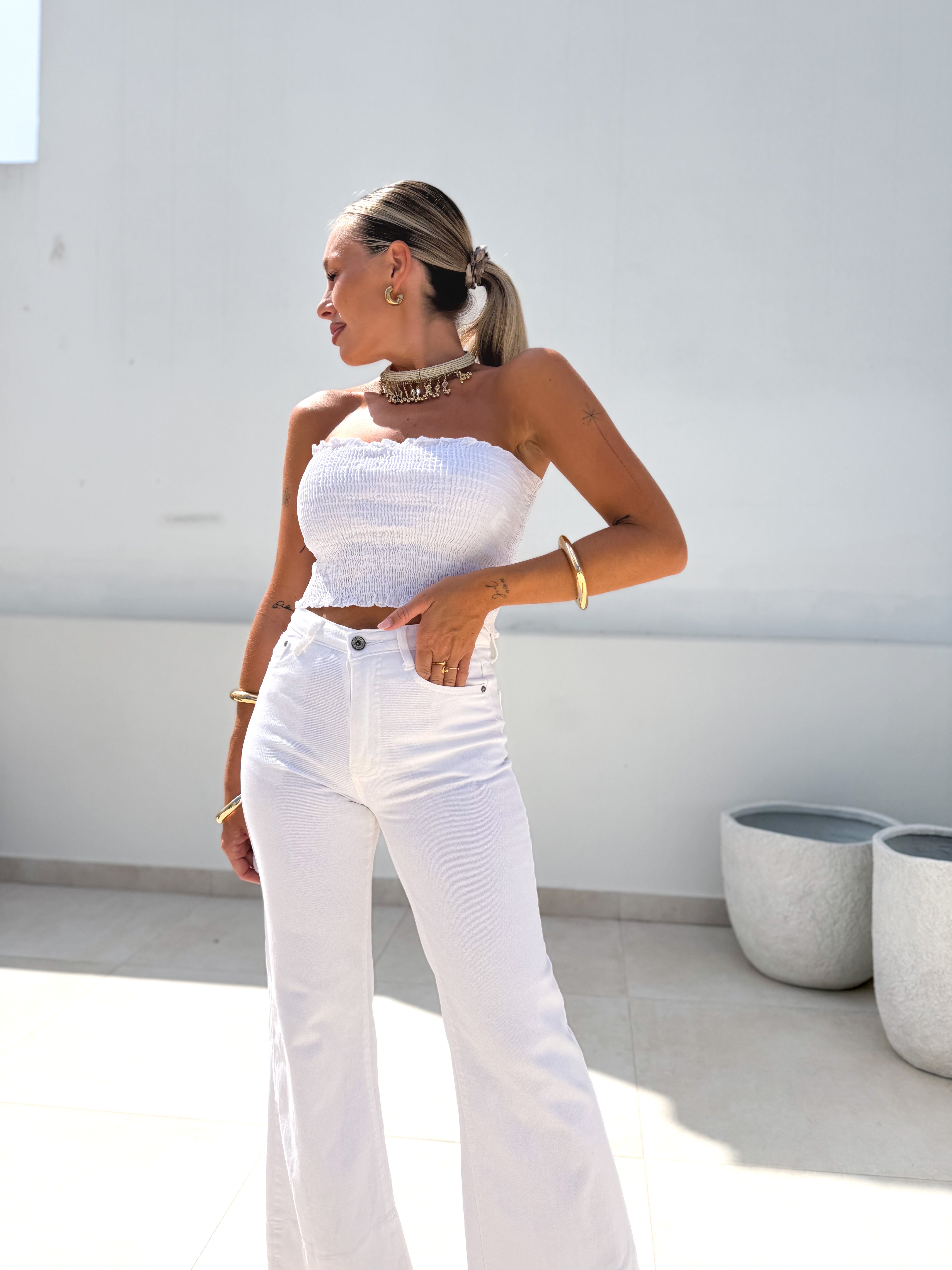 Pantalón denim flare blanco